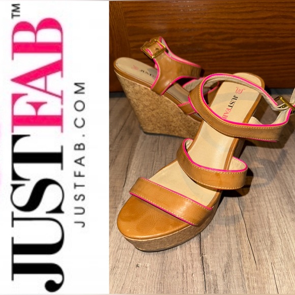 EUC Size 10 JustFab Kigali Women's Tan and Pink Wedge Sandals - Picture 1 of 4